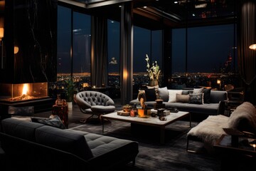 Luxury living room interior with fireplace and night city view, A lavish and dark penthouse lounge, AI Generated - obrazy, fototapety, plakaty