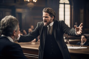 Angry man shouting at his colleague during meeting in courtroom. Lawyer concept, A lawyer arguing in a court, AI Generated