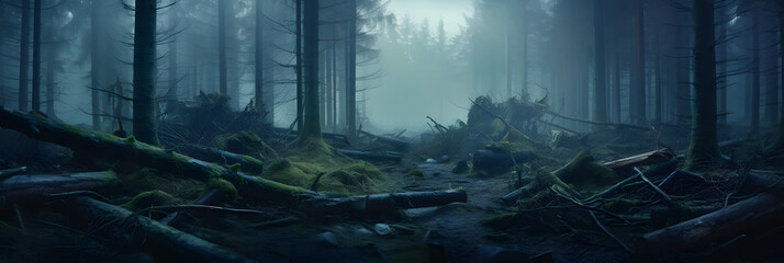 panorama of foggy forest fairy tale spooky looking woods. - obrazy, fototapety, plakaty