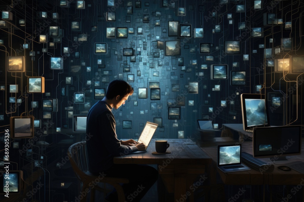 Poster man in dark office using laptop and digital tablet with binary code concept, a man is working among 