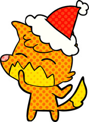 hand drawn comic book style illustration of a fox wearing santa hat