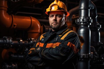 Portrait of a male worker in an oil and gas factory, A man in a uniform and a helmet, near the valve of pipes at a gas mining plant, AI Generated