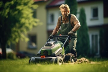 Gardener mowing grass with lawn mower in the garden, A man mows the grass on the lawn at home with a lawn mower, AI Generated - obrazy, fototapety, plakaty