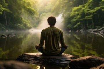 Man sitting in lotus position on the cliff and looking into the misty valley, A man practicing mindfulness and meditation in a peaceful natural environment, AI Generated