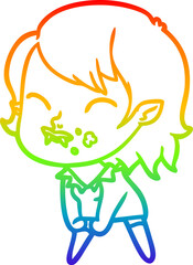 rainbow gradient line drawing of a cartoon vampire girl with blood on cheek