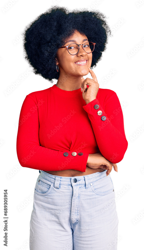 Sticker young african american girl wearing casual clothes and glasses looking confident at the camera smili