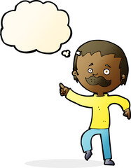 cartoon man with mustache pointing with thought bubble