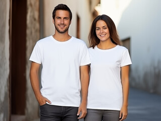 Fototapeta premium A couple boyfriend and girlfriend wearing blank white matching t-shirts mockup for design template
