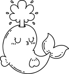 illustration of a traditional black line work tattoo style happy squirting whale character