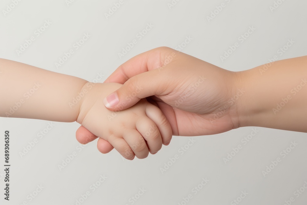 Wall mural mother and child holding hands, isolated on white background. close up, a newborn baby and mother ho