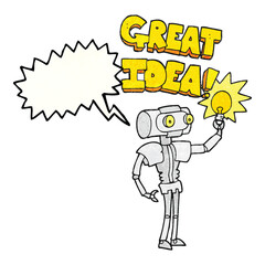 freehand speech bubble textured cartoon robot with great idea