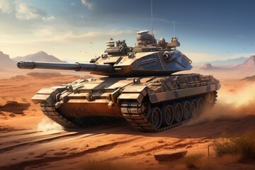 Heavy tank in the desert. 3D render. Illustration, A modern military tank running in a desert, AI...