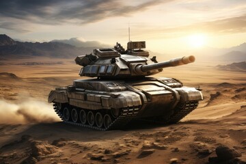 heavy tank in the desert at sunset. 3d render illustration, A modern military tank running in a...