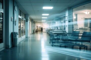 Naklejka na ściany i meble Interior of a hospital corridor with empty trolleys in motion blur, A motion blurred photograph of a hospital interior, AI Generated