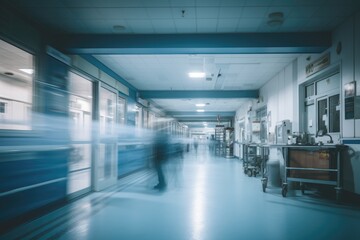Naklejka na ściany i meble Interior of a hospital corridor with blurred people walking in motion blur, A motion blurred photograph of a hospital interior, AI Generated