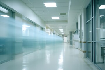 Obraz premium Blurred image of hospital corridor, shallow depth of sharpness, A motion blurred photograph of a hospital interior, AI Generated