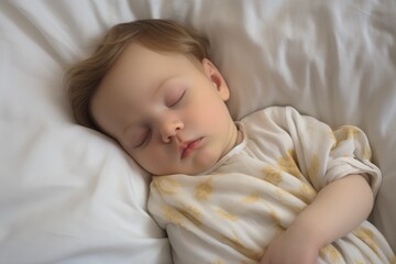 Portrait of a sleeping baby boy on a white bed. Top view, A newborn baby sleeping on a white bed, AI Generated