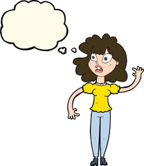 cartoon worried woman waving with thought bubble