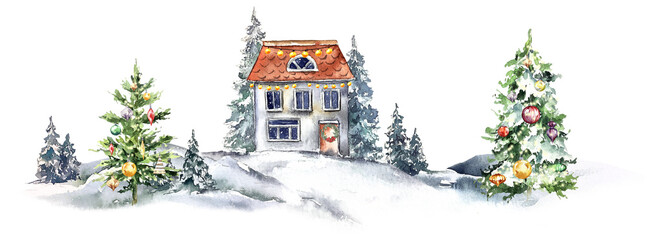 Winter christmas illustration card cottage house illustration
