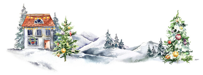 Winter christmas illustration card cottage house illustration
