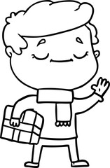 cartoon man carrying christmas present waving