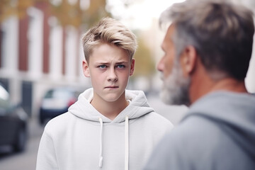 Close up caucasian middle aged man and blonde guy talking outdoors, adolescence problems, two generation conflict concept