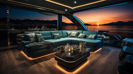 Luxury interior design of modern yacht in style of “Old money”, on the background of the night...