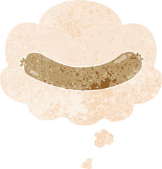 cartoon sausage with thought bubble in grunge distressed retro textured style