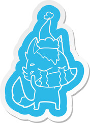 quirky cartoon  sticker of a crying wolf wearing santa hat