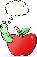 cartoon apple with bug with thought bubble