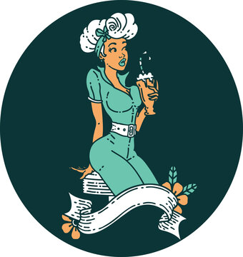 tattoo in traditional style of a pinup girl drinking a milkshake with banner