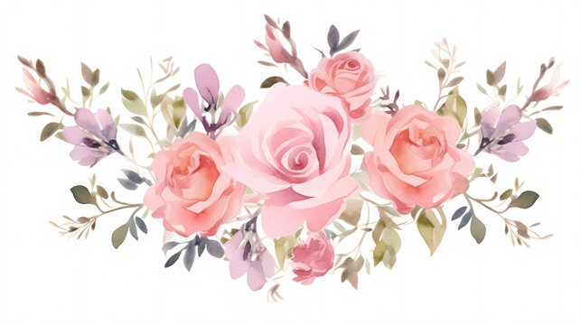 Fototapeta  Pink rose flower bouquet collection with watercolo, decorative flower background pattern, PPT background