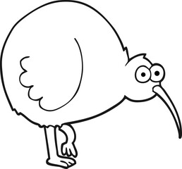 freehand drawn black and white cartoon kiwi bird