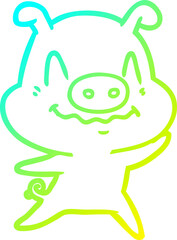 cold gradient line drawing of a nervous cartoon pig