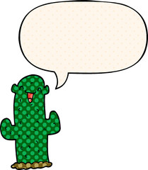 cartoon cactus with speech bubble in comic book style
