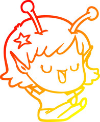 warm gradient line drawing of a happy alien girl cartoon laughing