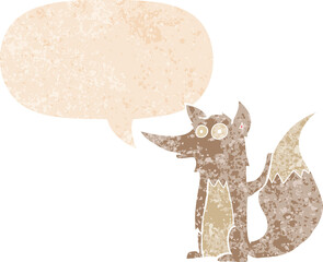 cartoon wolf with speech bubble in grunge distressed retro textured style