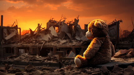 Children's soft toy bear is located among ruins of residential buildings at sunset. Strong, emotional image of consequences of war, reminiscent of vitality and optimism in most difficult situations. - obrazy, fototapety, plakaty