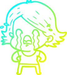 cold gradient line drawing of a cartoon woman crying