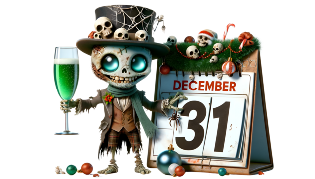 31 December : Skeleton celebration New Year's Calendar On Transparent Background - Powered by Adobe