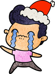hand drawn textured cartoon of a man crying wearing santa hat