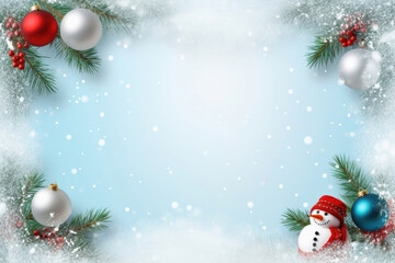 Fototapeta na wymiar Christmas frame with snowman, glass balls, fir branches and snowflakes on frozen snowy background