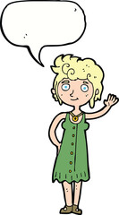 cartoon hippie woman waving with speech bubble