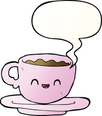 cartoon hot cup of coffee with speech bubble in smooth gradient style