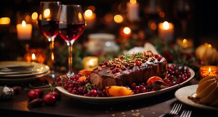 Roast meat with roasted potatoes and herbs on a plate, served with a glass of white wine, creates a gourmet dinner in a warm, cozy atmosphere with soft candlelight.