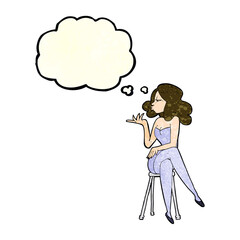 cartoon woman sitting on bar stool with thought bubble
