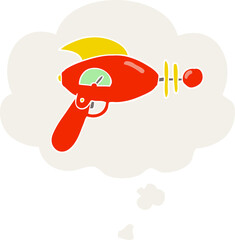 cartoon ray gun with thought bubble in retro style