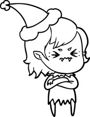 annoyed hand drawn line drawing of a vampire girl wearing santa hat