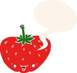cartoon strawberry with speech bubble in retro style