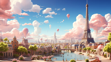 Landscape of Paris city in style of 3D cartoon design 80s